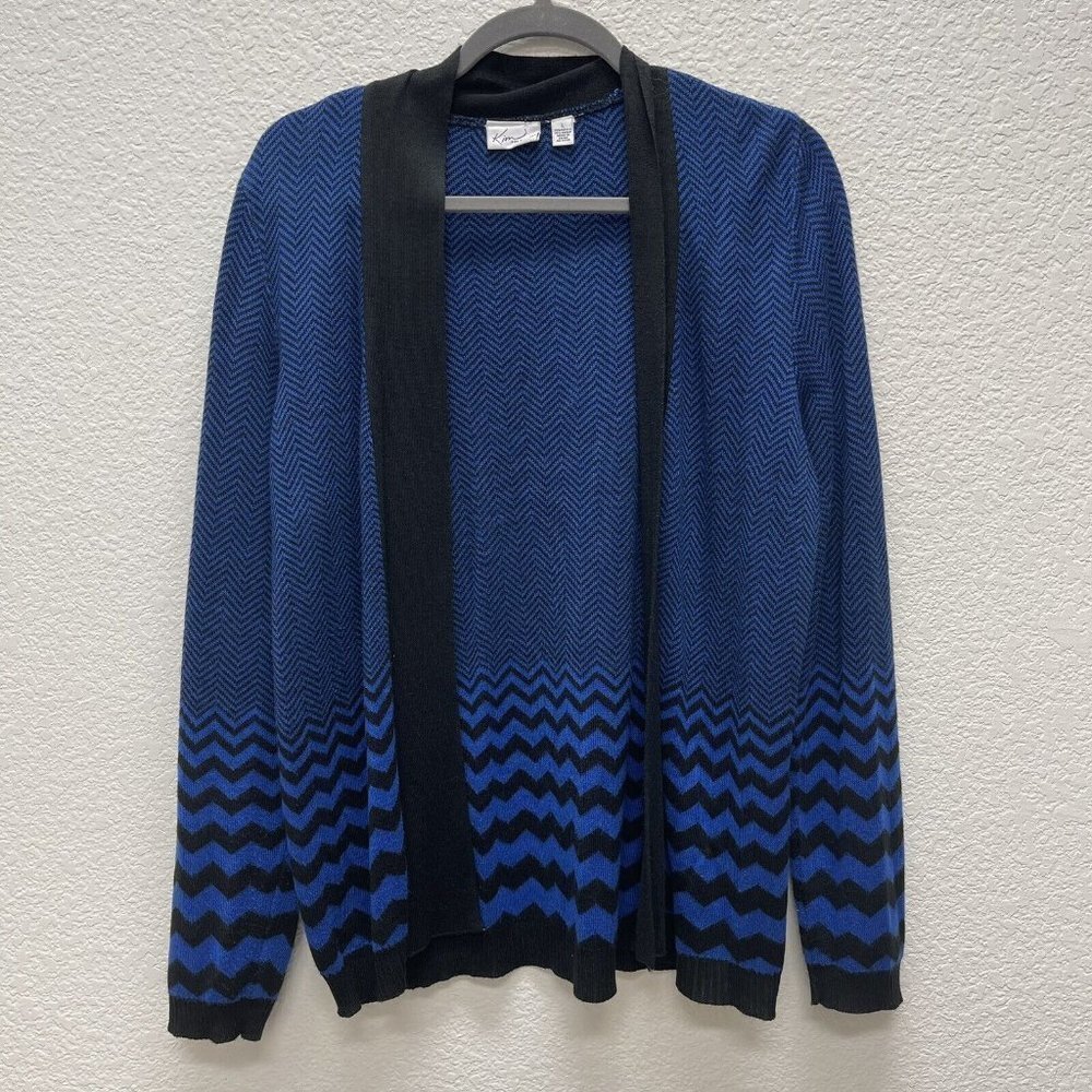 Kim Rogers Womens Large Sweater Open Front Cardigan Knit Chevron Blue Black Long